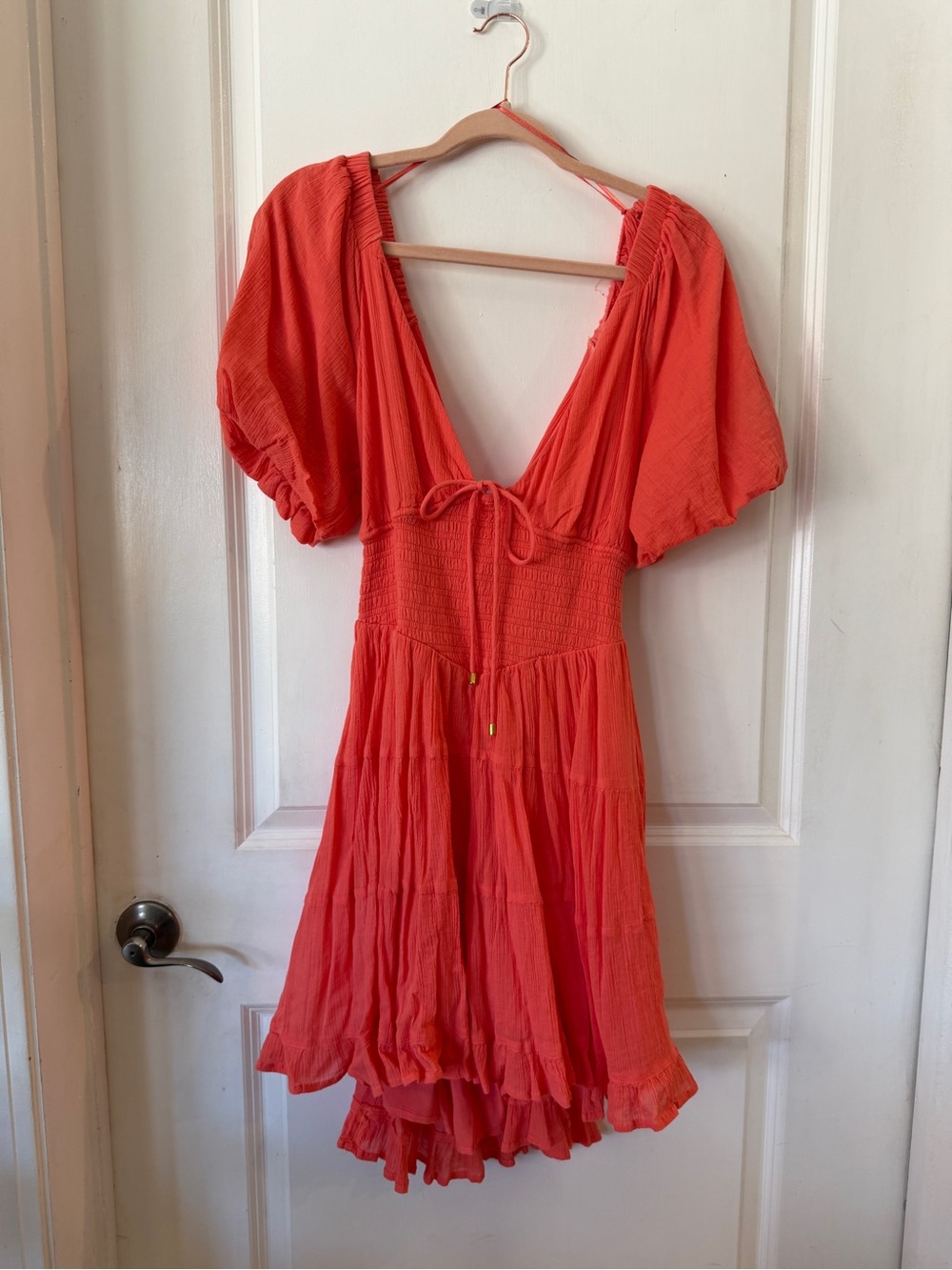 Free People Coral Deep V Puff-Sleeve Mini Dress